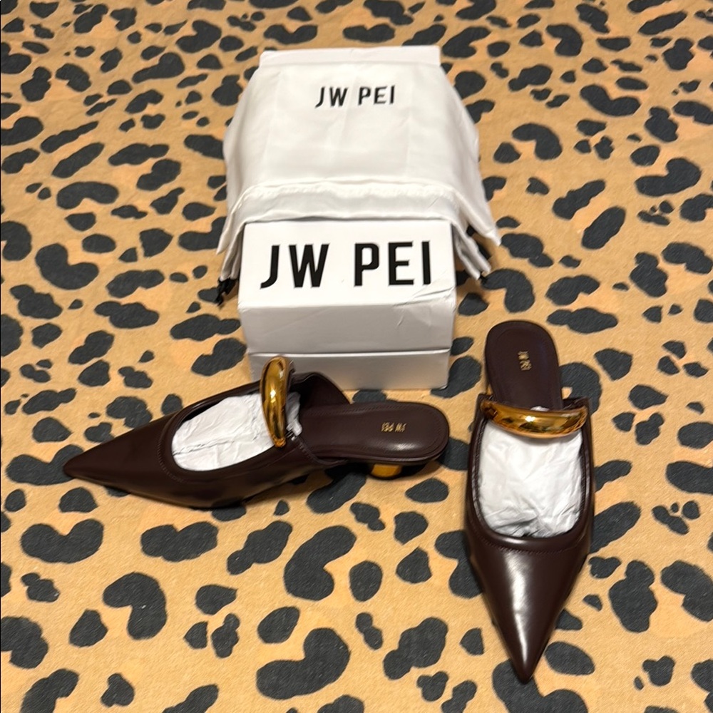 JW PEI Women's Reddish Brown Mules with Gold Accent